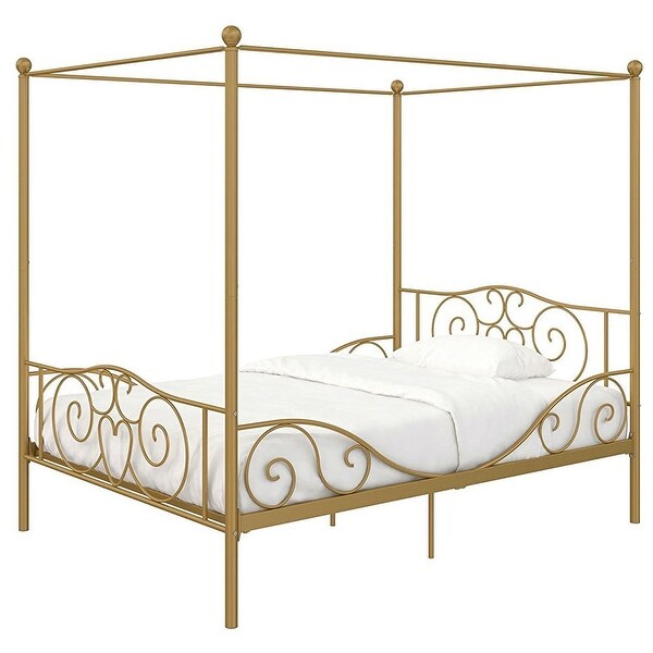 Shop Black Friday Deals On Full Size Heavy Duty Metal Canopy Bed Frame In Gold Finish Overstock 29819166