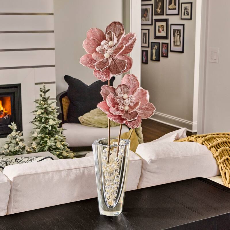 24" Iced With Jewel Encrusted Magnolia Stem - Pink