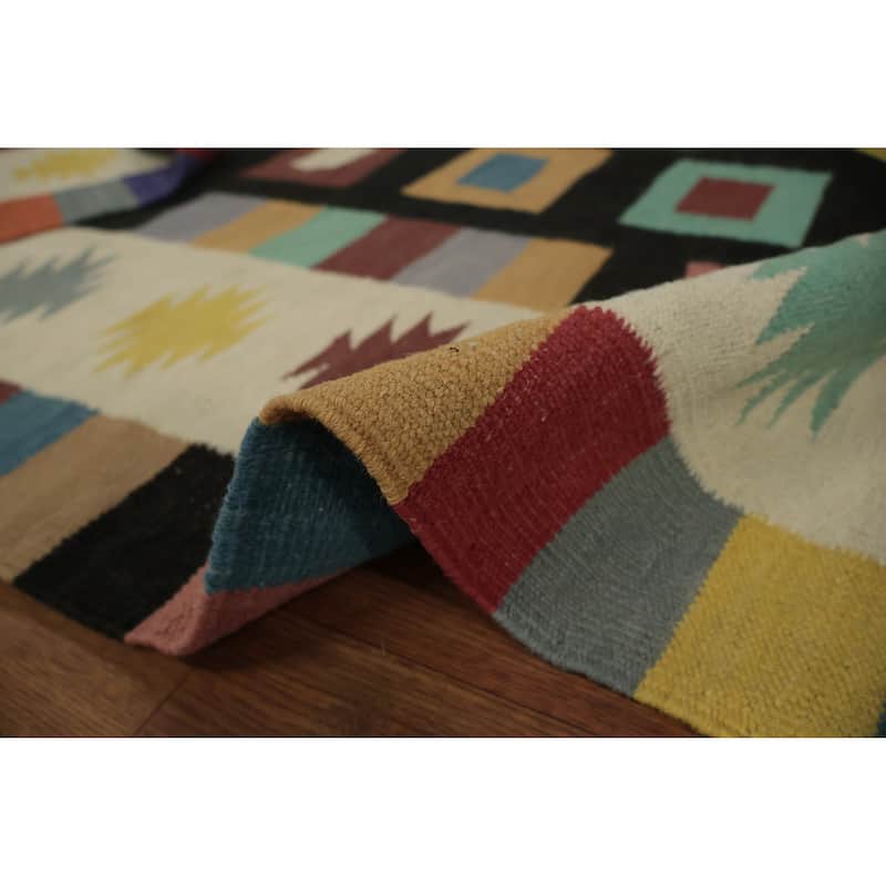 Hand Woven Oriental 100% Wool Carpet Southwestern Tribal Black Kilim Area Rug - 9' 0'' X 6' 2''