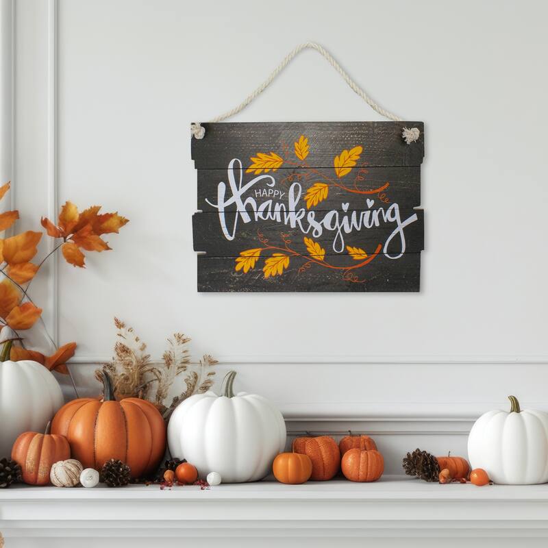 15" Brown Orange Leaves Happy Thanksgiving Wooden Hanging Wall Sign