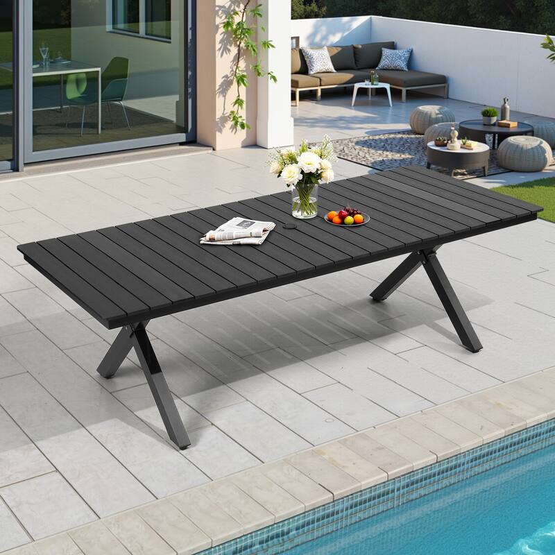 VredHom Aluminum Rectangular Outdoor Patio Dining Table with Umbrella Hole X Frame