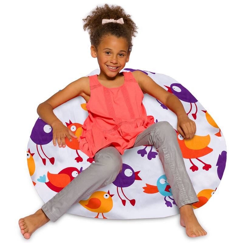 Kids Bean Bag Chair, Big Comfy Chair - Machine Washable Cover - 38 Inches Large - Canvas Birds on White