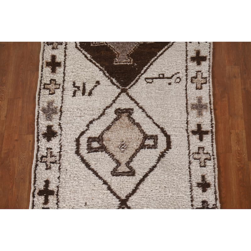 Natural Dye Beige Anatolian Turkish Runner Rug Handmade Wool Carpet - 3'6"x 10'11"