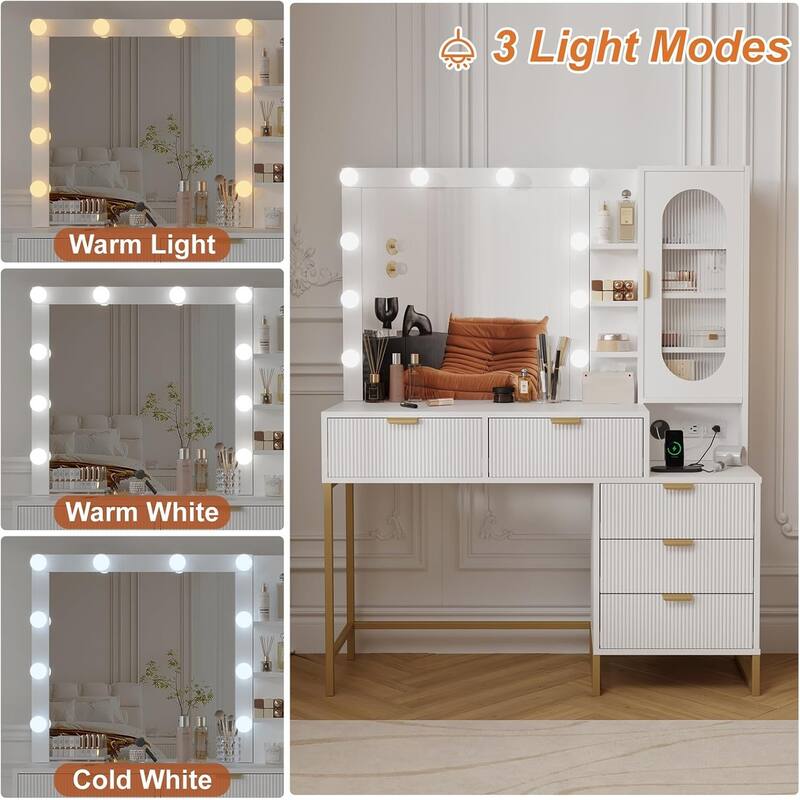 Modern Makeup Vanity Desk with Lighted Mirror, Power Outlets & Storage, Wood Fluted Dressing Table for Bedroom