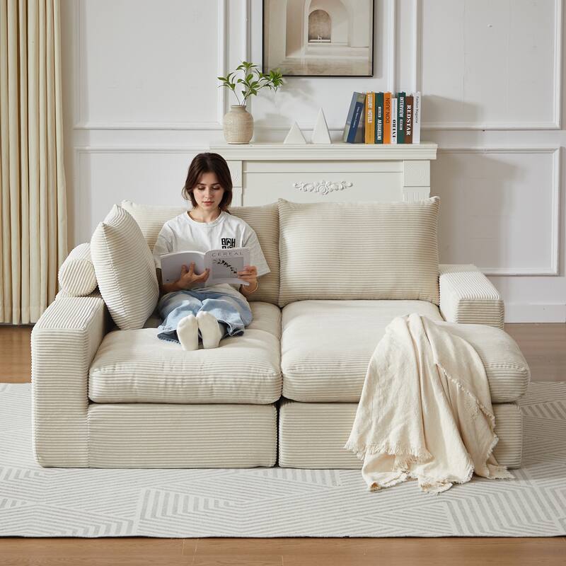 L-Shaped Sectional Sofa with Chaise Lounge, Corduroy Upholstered Boneless Couch, Module Corner Sofa with 3 Pillows