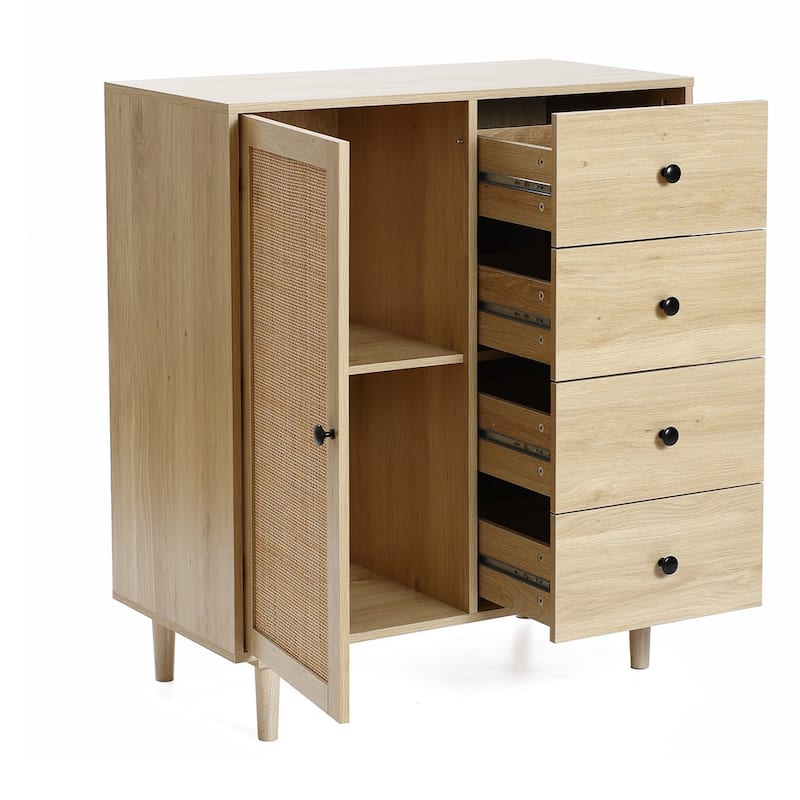 White Oak Finish Wood and Rattan 1-Door 4-Drawer Storage Cabinet - 36.61" H x 31.5" W x 16.53" D