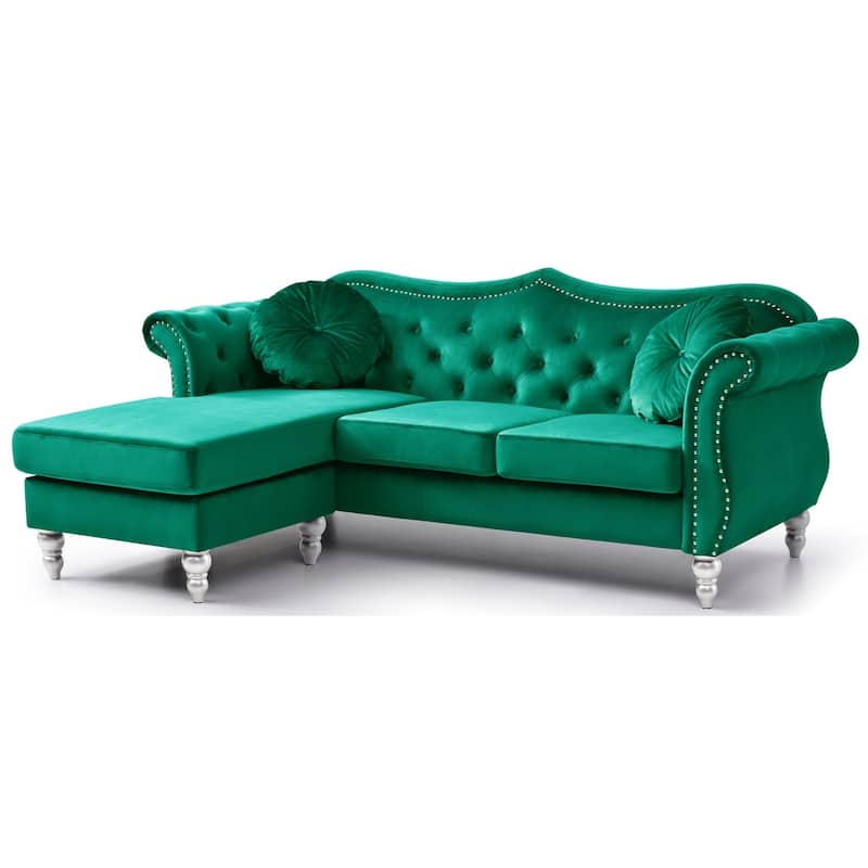 Hollywood 81 in. Velvet Chesterfield Sectional Sofa with 2-Throw Pillow - 81"L x 35"W x 34"H - Green
