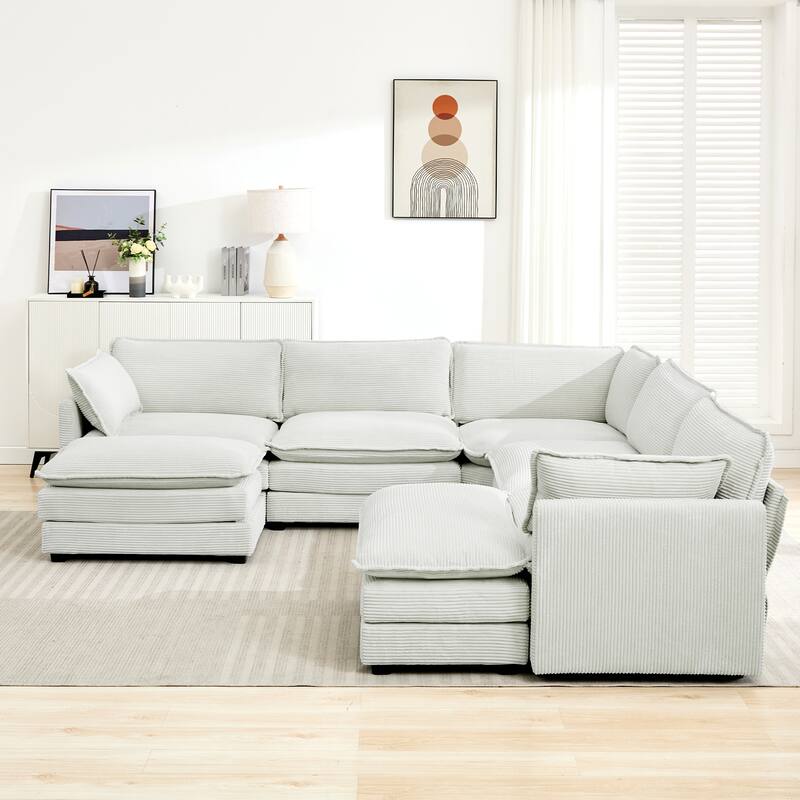 7-Seater Corduroy Sectional Sofa with 2 Removable Ottomans & Corner Seat, Soft & Comfortable - 5 Seats with 2 Ottoman