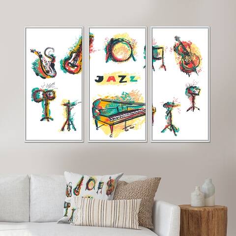 Designart "Jazz Music Party Poster With Musical Instruments" Bohemian & Eclectic Framed Wall Decor Set of 3 - 4 Colors of Frames