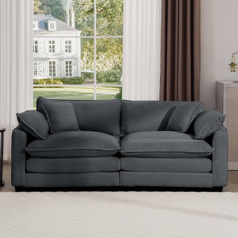 Corduroy Fabric Upholstered Loveseat Sofa, Deep Seat Sectional Sofa with 4 Pillows, 2-Seater Sofa with Removable Armrests - Grey