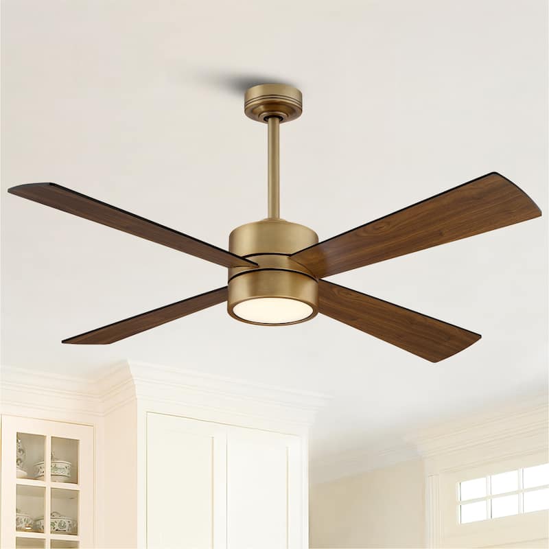 52" Antique Brass Wood 4-Blade Indoor Ceiling Fan with Light and Remote