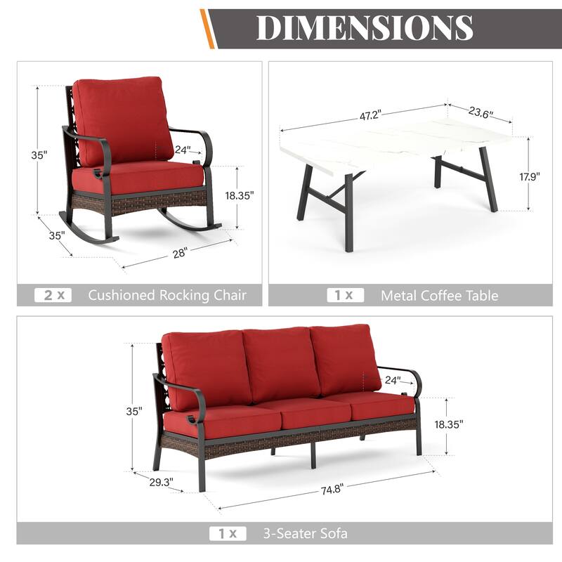 MAISON ARTS 5-Seat Outdoor Patio Furniture Sets, 2 x Cushioned Chairs, 1 x 3-Seat Sofa with Marbling Coffee Table