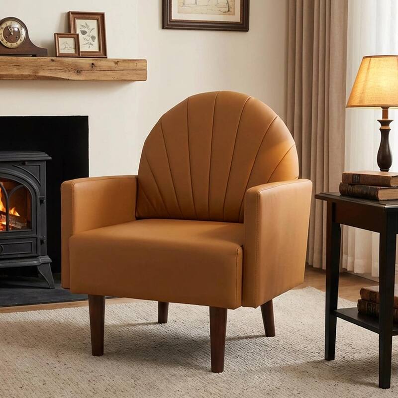 Contemporary Shell-shaped Amchair with Upholstery and Wooden Legs, Suitable for Living Rooms