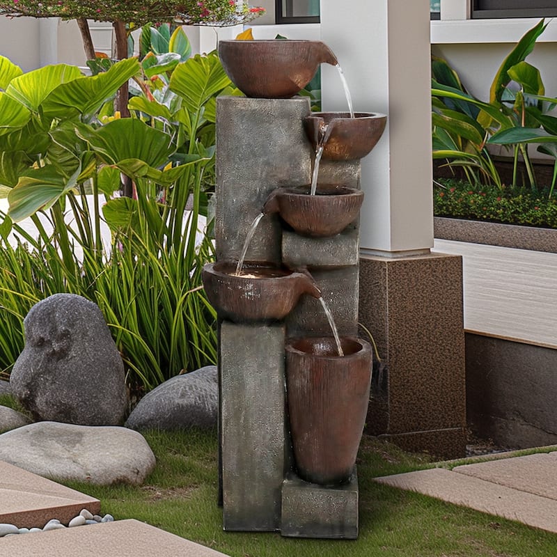 39.7in High Outdoor Water Fountain with LED Lights for Home Art Decor - Floor - Polyresin - Brown