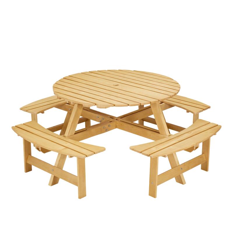 8-Person Outdoor Patio Pine Wood Round Picnic Dining Set with 4 Built-in Benches and Umbrella Hole