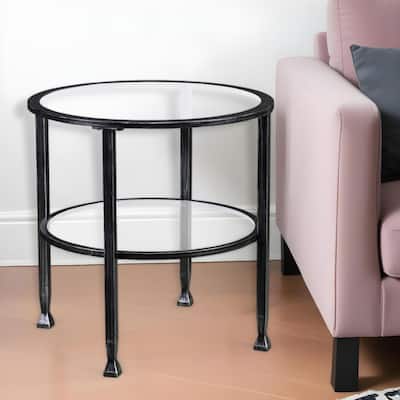 24" Black Glass and Iron Round End Table with Fixed Shelf - 24" x 24" x 24"