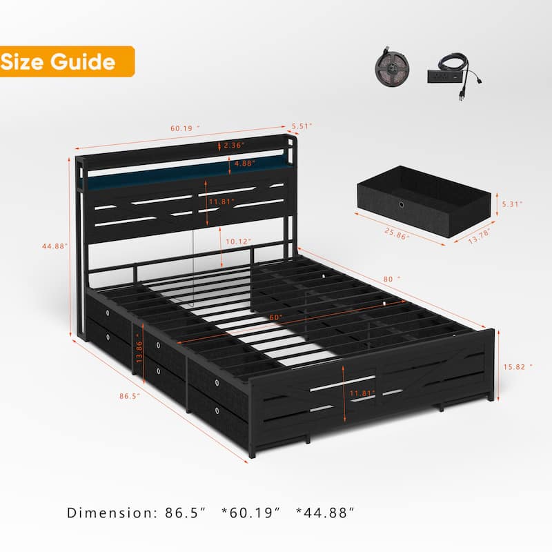 Storage Bed Frame with 12 Fabric Drawers, Metal Platform Bed with Headboard Footboard, LED Lights, Integrated Charging Station