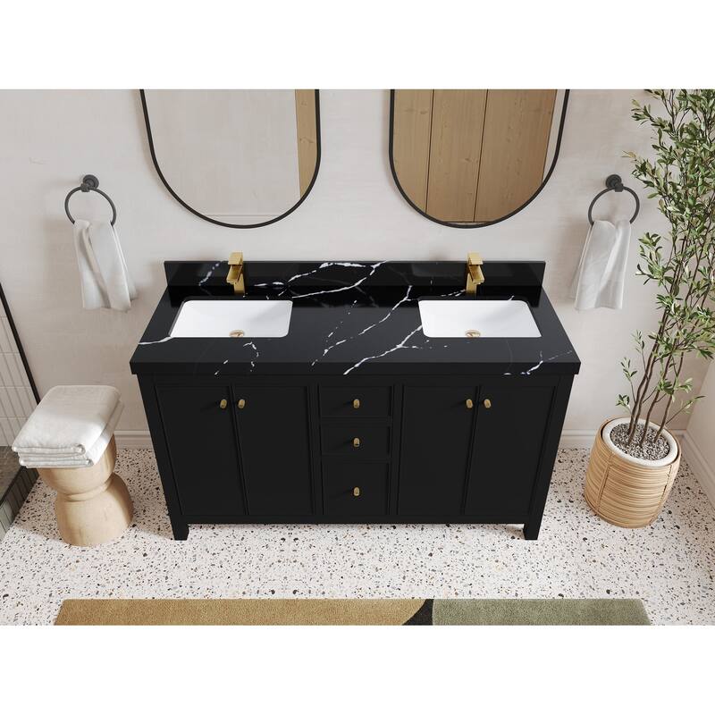 Willow Collections 60 in. W x 22 in. D Chicago Double Sink Bathroom Vanity with Countertop - 2"Calacatta Black - Black