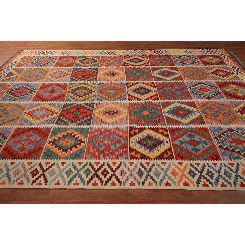 Colorful Geometric Kilim Oriental Area Rug Flatweave Wool Carpet - 8'5" x 11'9"