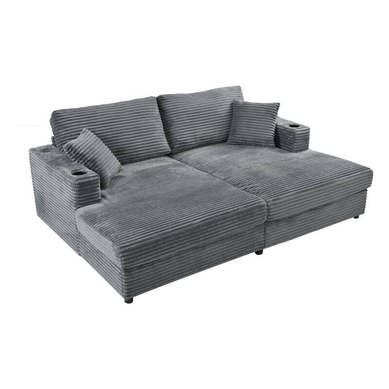 86.5" Corduroy Chaise Lounge Sofa with 2 USB Ports, Cup Holders, and 550lb Capacity