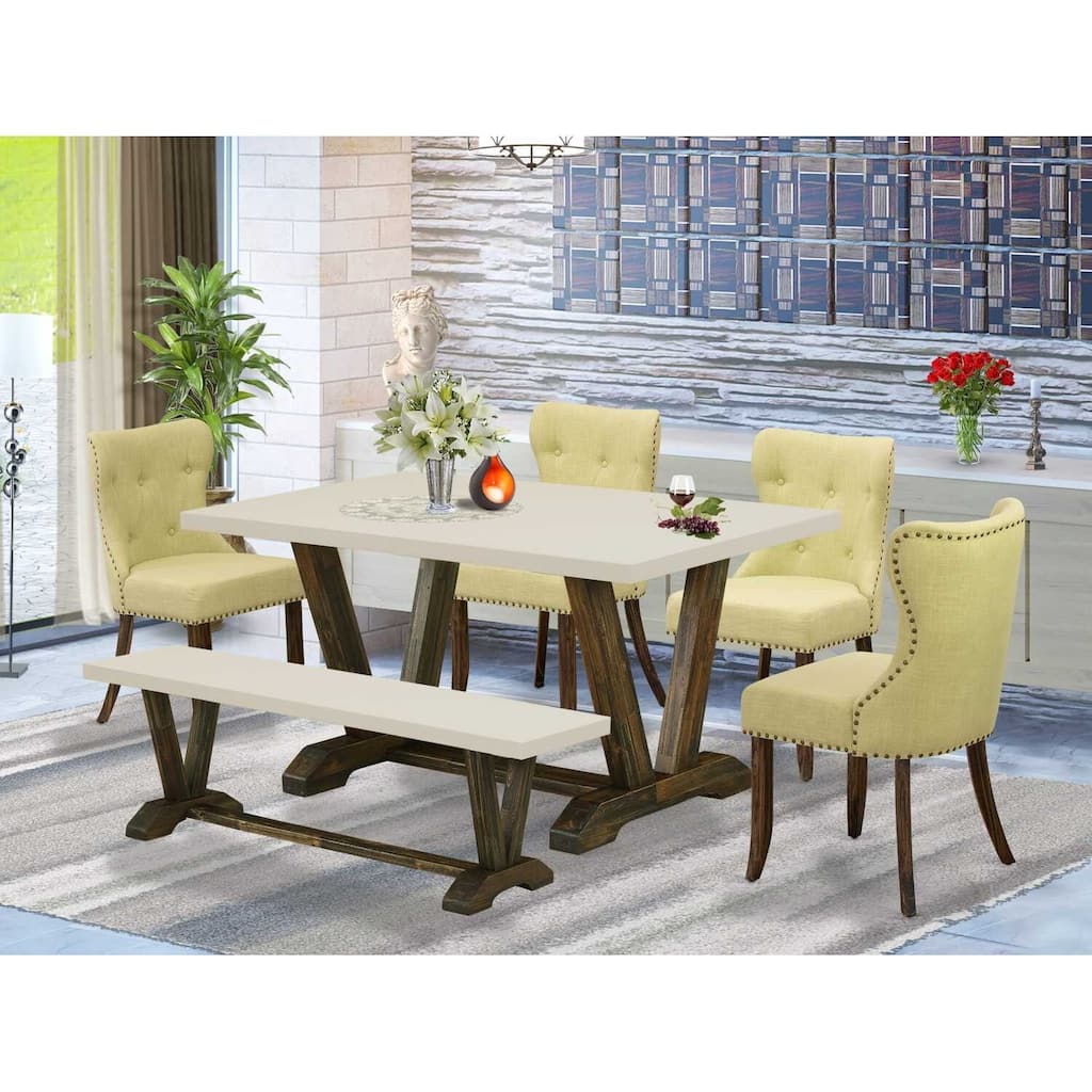 HomeStock 6-Piece Rectangle Distressed Jacobean Finish Solid Wood Top Dining Table with 1-Bench, 4-Chairs