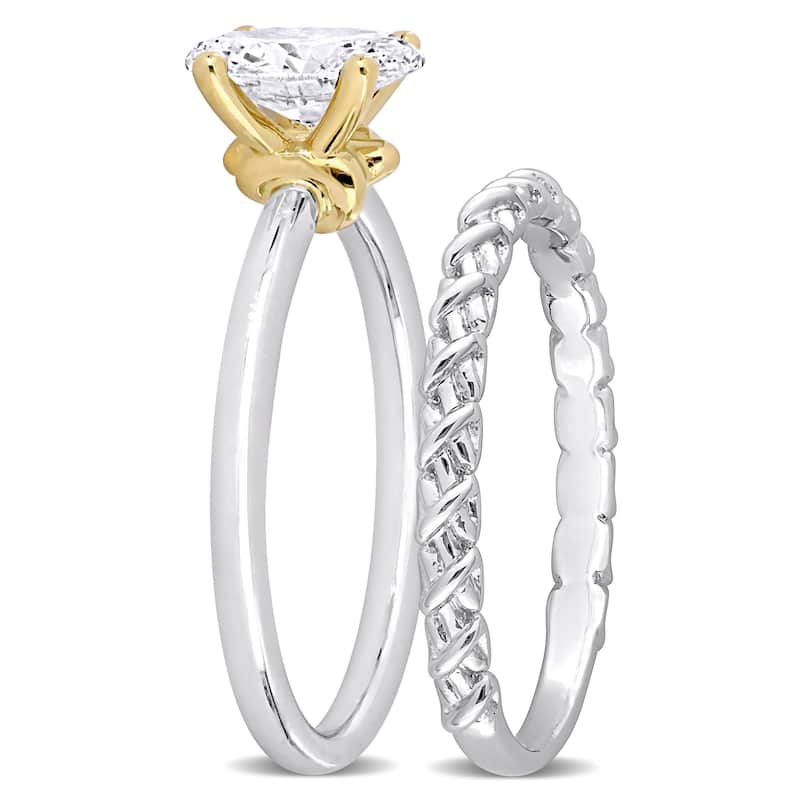 Miadora 1ct TDW Oval Diamond Solitaire Bridal Ring Set with Textured Wedding Band 14k Two-Tone Gold