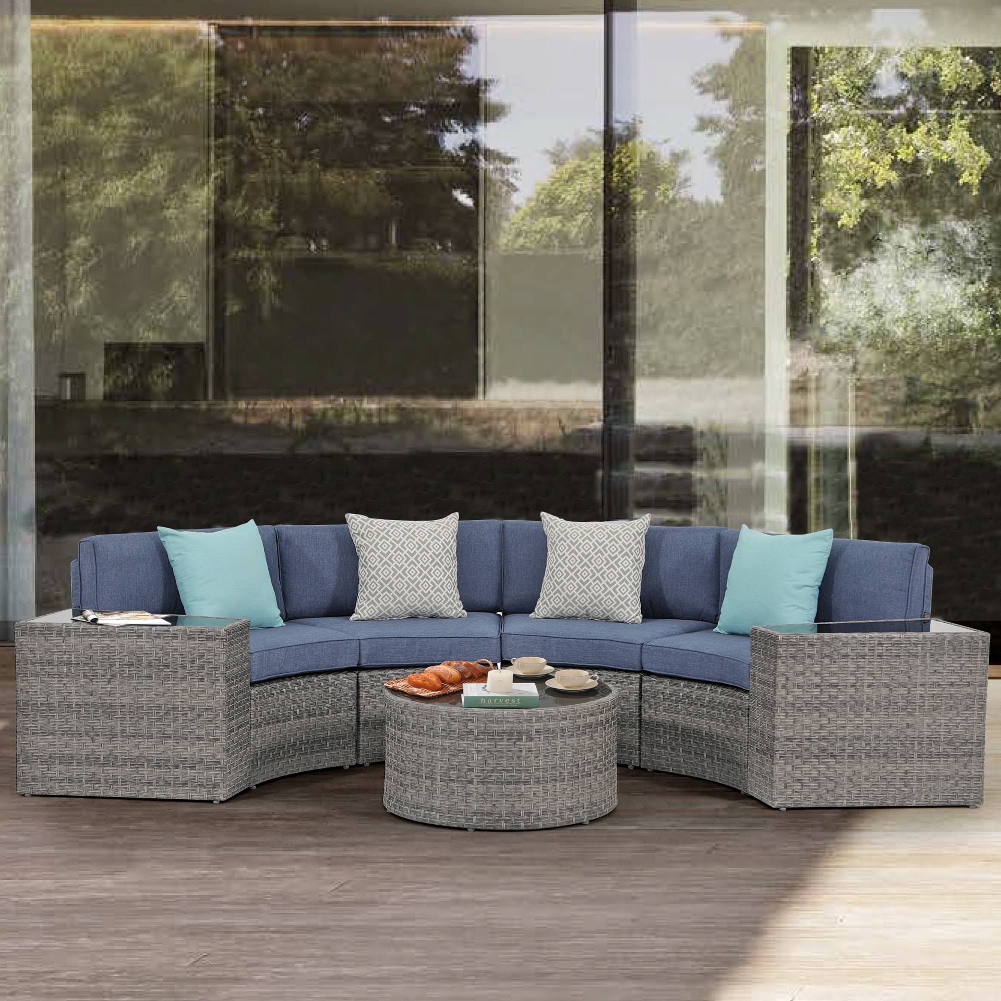 7-Piece Curved Wicker Outdoor Sectional Sofa Set, Outdoor Conversation Sofa Set, Round Table & Side Table, with Cushions