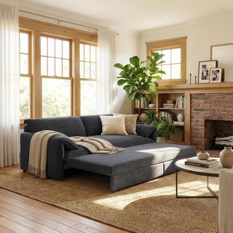 Homy Casa 66" Queen Pull-Out Sofa Bed with Storage, Velvet Loveseat - Grey