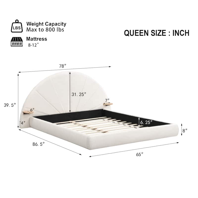 Queen Size Upholstered Bed, Beige Low Profile Boucle Bed Arched Headboard Wingback Bed with Small Table, Platform Bed