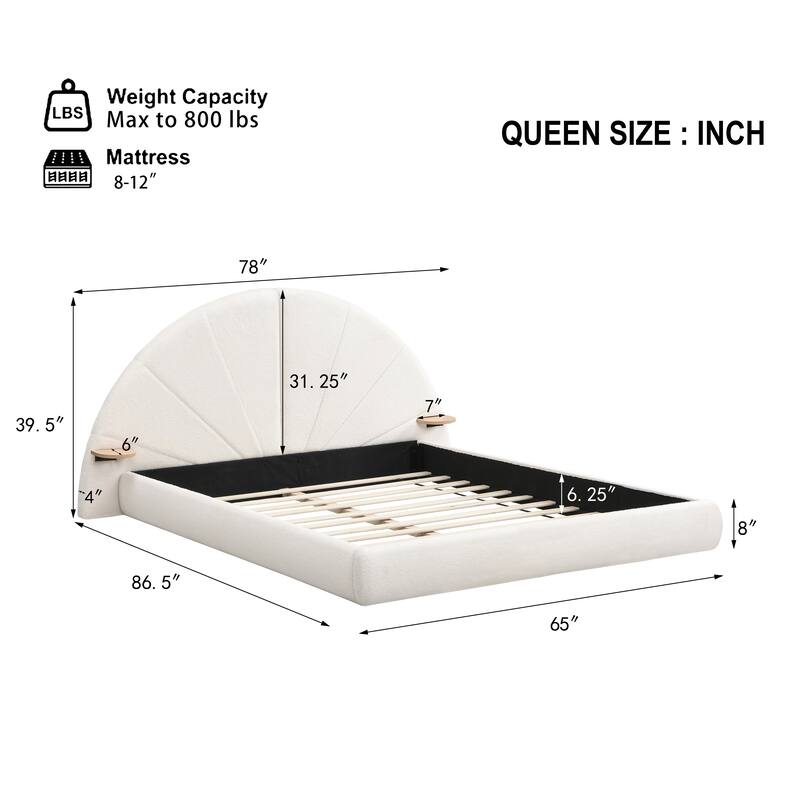 Unique Arched Boucle Grounding Bed Frame, Upholstered Platform Bed, Half Moon Shaped Headboard with 2 Small Table
