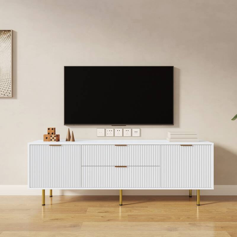 Roomfitters Modern White TV Stand, Warm White Media Console with Gold Legs and Storage Drawers for Living Room or Bedroom, White