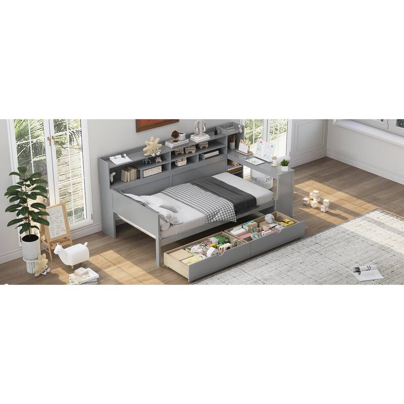 Wooden Twin Size Daybed with Storage Shelves, Multi-functional Bed with Two Storage Drawers and Study Desk