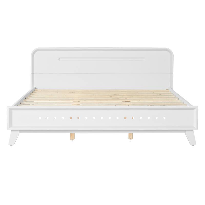 Rustic Pine Wood Bed Frame Low-Profile Platform Bed with Panel Headboard Solid Wood Slat Support and Extra Wide Thickened Legs