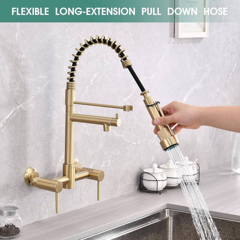 Dornberg Wall Mount Kitchen Faucet with Pull Down Sprayer, Spring Faucet