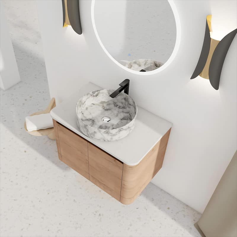 30'' Wall-Mounted Bathroom Vanity With Ceramic Art Sink & 2-Soft-Close Door, KD-Packing, Plywood - Off-White