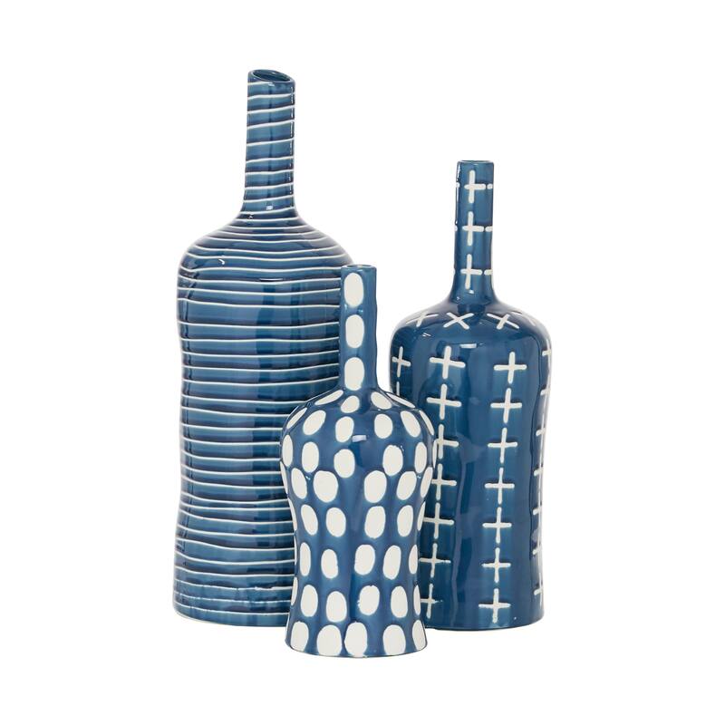 Ceramic Vase with Varying Patterns - Set of 3 Blue - Roche River Decor - 6"Wx6"Lx19"H