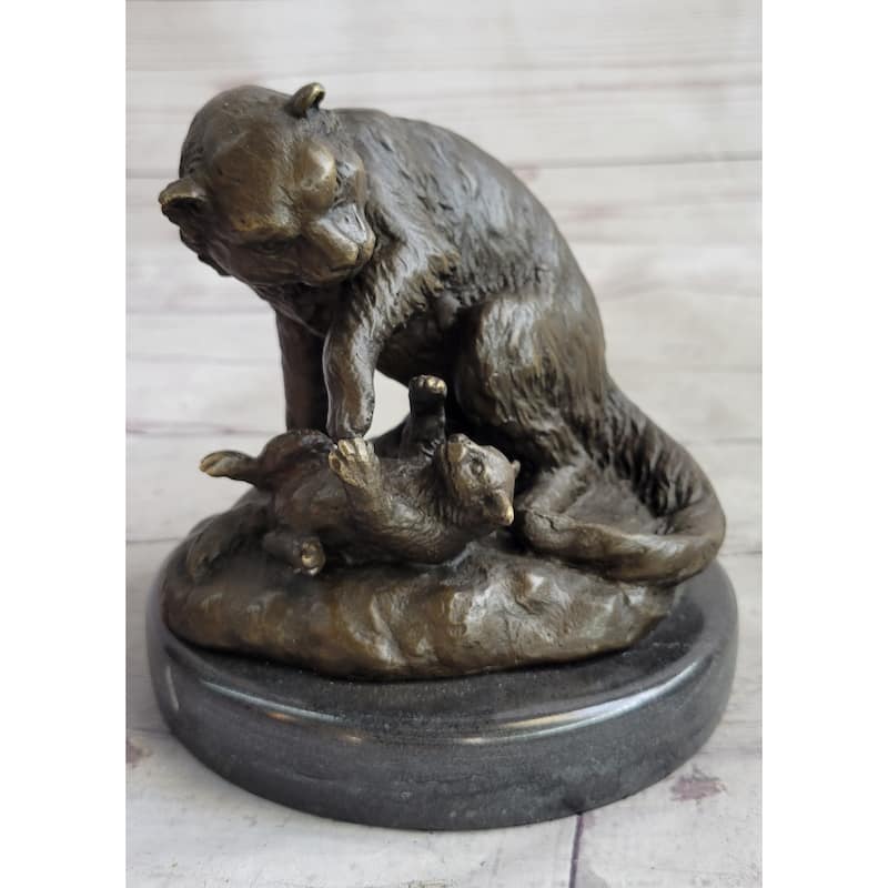 Playful Cat Kitten - Signed Handmade Bronze Sculpture On Marble Base By Milo