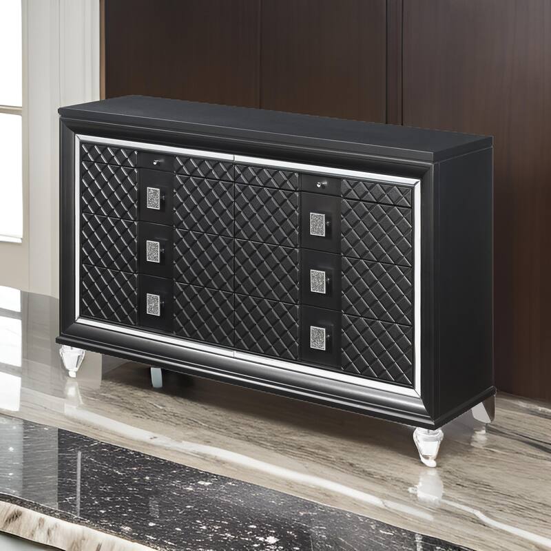 8 Drawer Wooden Dresser with Mirror Accents and Diamond Pattern, Black
