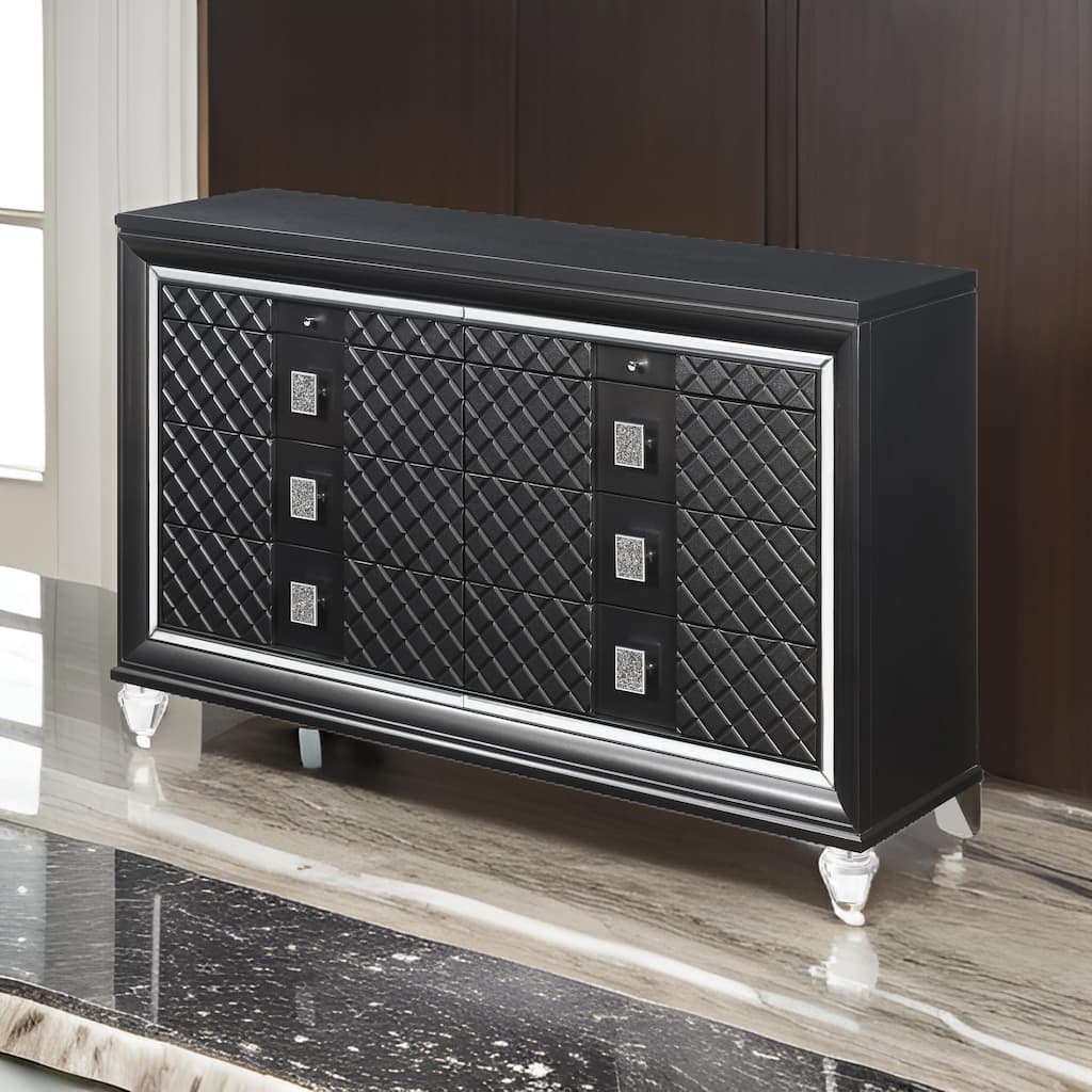 8 Drawer Wooden Dresser with Mirror Accents and Diamond Pattern, Black