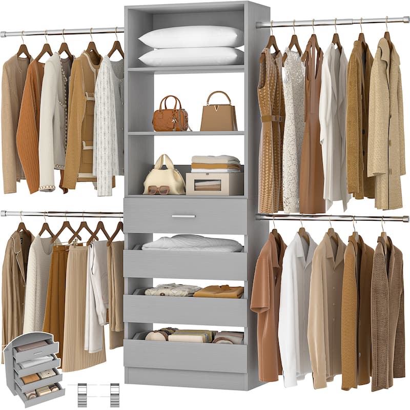 Modular Closet System Wardrobe Organizer 4 Adjustable Hanging Rods + 4 Wooden Drawers, Space-Saving for 4-9Ft Closets - Grey
