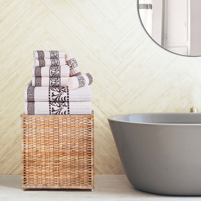 Superior Athens Cotton Floral Border Greek Key 8-Piece Towel Set - Ivory/Chocolate