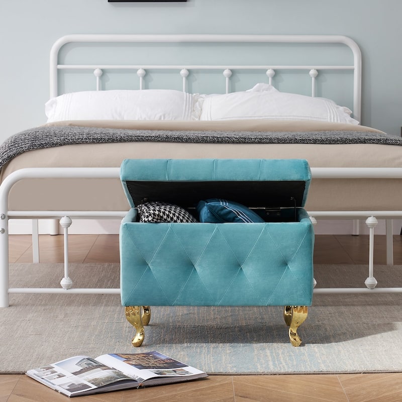 Button-tufted Storage Footrest Bench, light blue