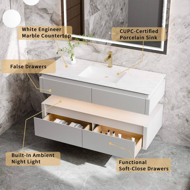 Modland 48" Modern Wall-Mounted Single Sink Bathroom Vanity with Engineered Stone Countertop,Soft-Close Drawers