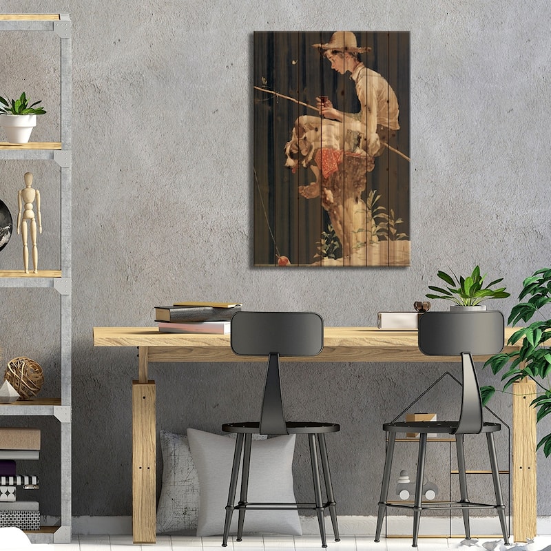 Boy Fishing Print On Wood by Norman Rockwell - Multi-Color