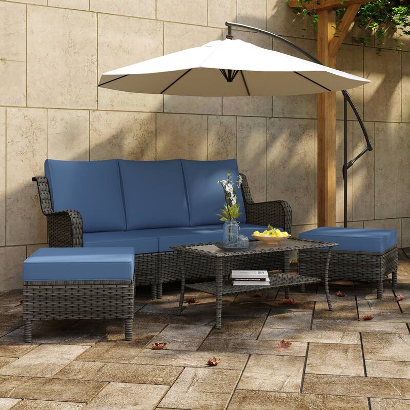 Outdoor 6-Piece Rattan Wicker Sectional Sofa Set With Cushion - Grey Frame/Table - Blue/Grey