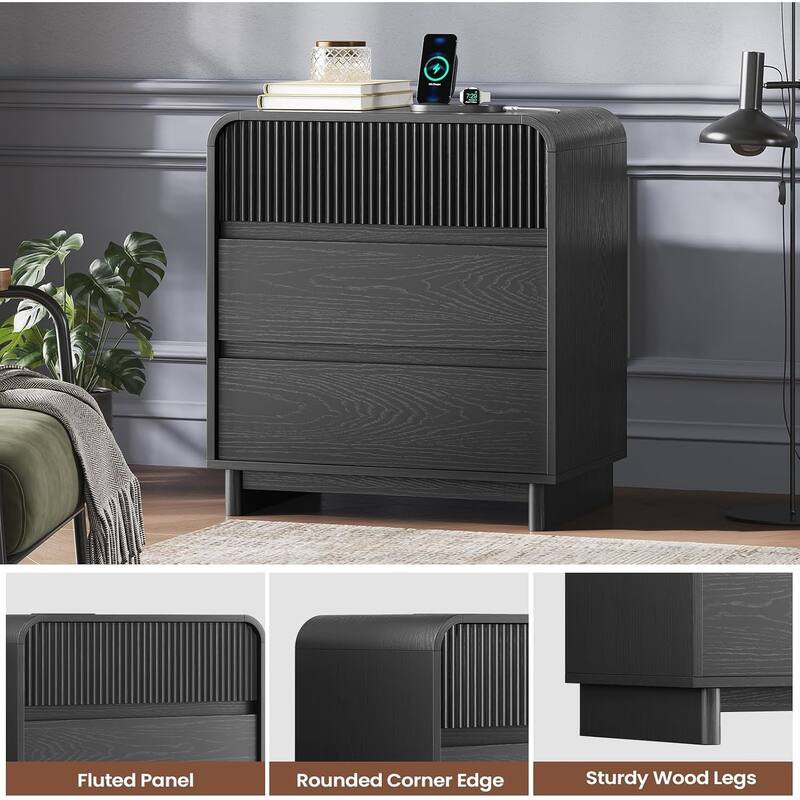 Fluted Nightstand with Charging Station 3 Drawers Dresser End Table