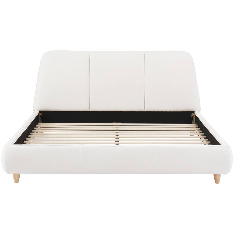 Queen Size Modern Upholstered Bed Frame with Linen Fabric and Solid Wood Legs, White
