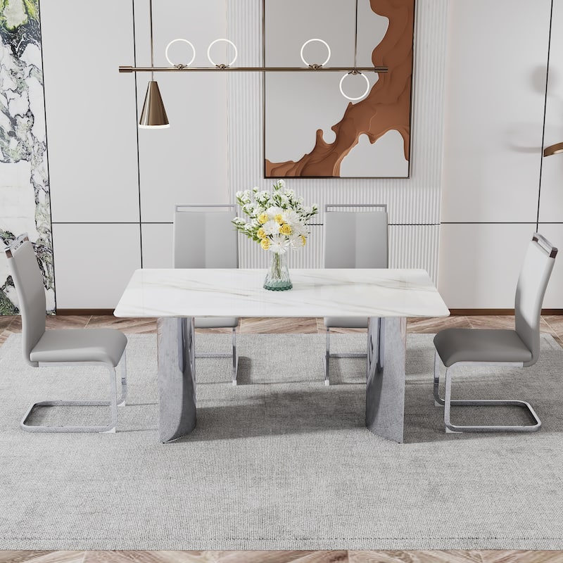 Modern minimalist dining table. White imitation marble glass sticker desktop, stainless steel legs, stable and beautiful