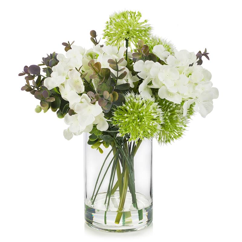 Enova Home Mixed Silk Hydrangea and Greenery Artificial Flowers Arrangement in Clear Cylinder Glass Vase for Home Decór