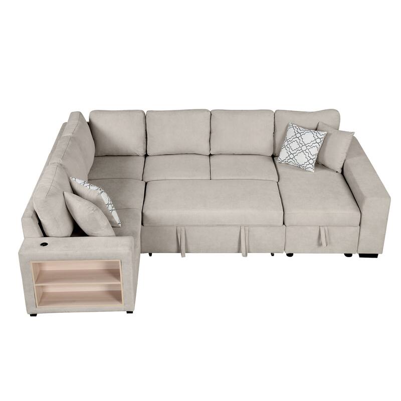 Beige 109" U-Shaped 6-Seat Sofa with Pull-Out Bed and Storage Chaise